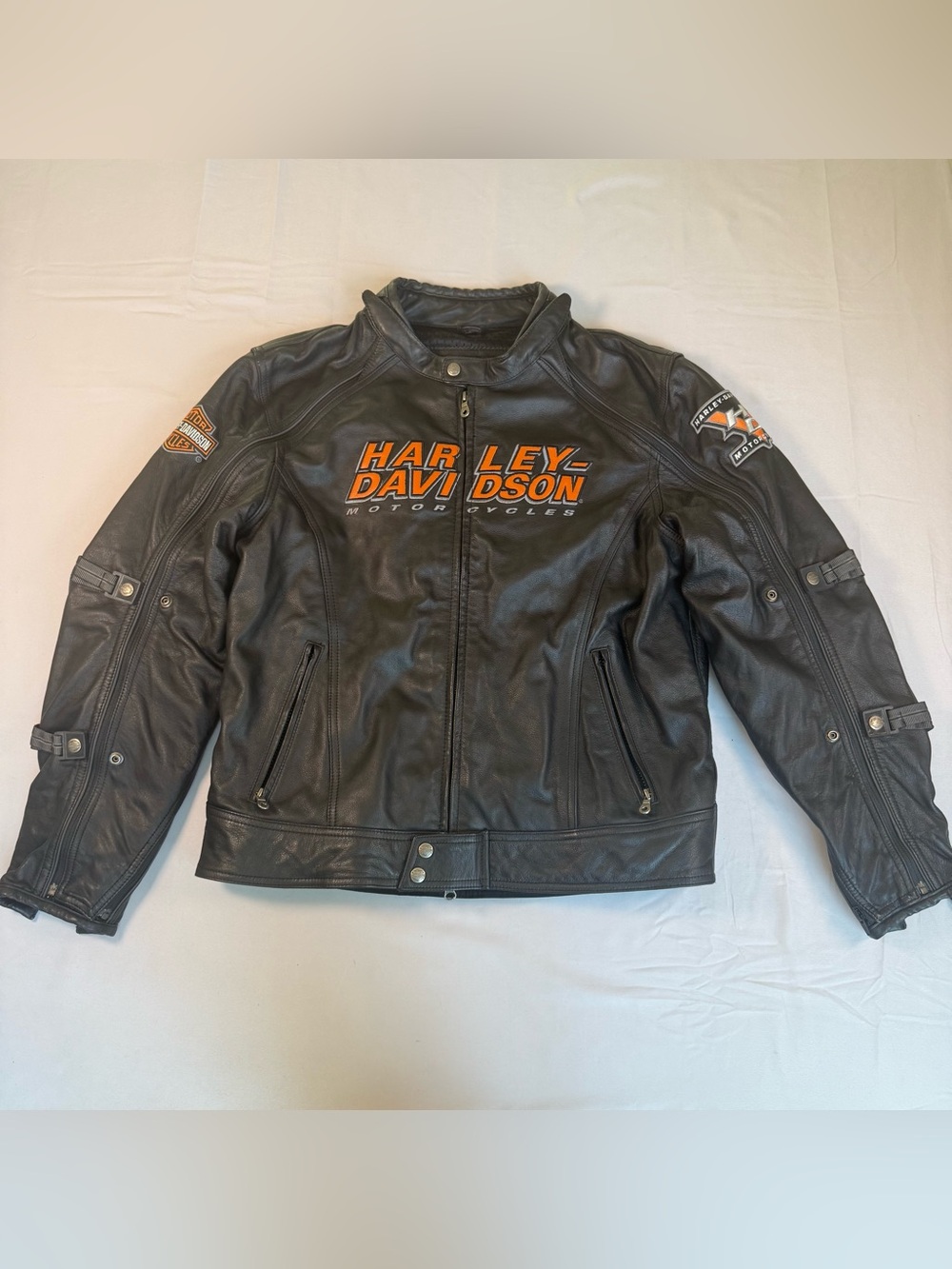 Harley-Davidson Black Leather Jacket with Orange Logo Panels